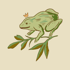 Medieval hand-drawn cartoon sketchy vintage ancient stylized royal frog or toad princess, doodle fairy tale 16 century art stylized concept, magical animal mascot logo and label. Stylish girl queen