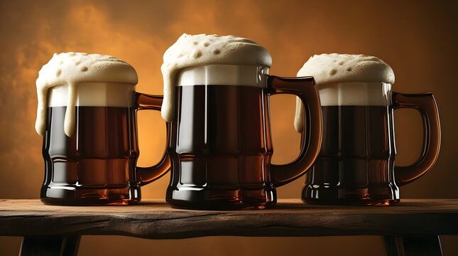 beer mug silhouettes with frothy foam on warm amber background for pub branding, brewery promotions, or oktoberfest advertisements