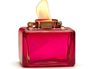 A decorative ruby red lighter with a bright and lively flame
