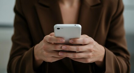 Close-Up of Hands Holding a Smartphone, Focused on Screen, Businesswoman in Brown Blazer, Minimalist Background, Technology Use, Modern Lifestyle, Ai Genarated Image