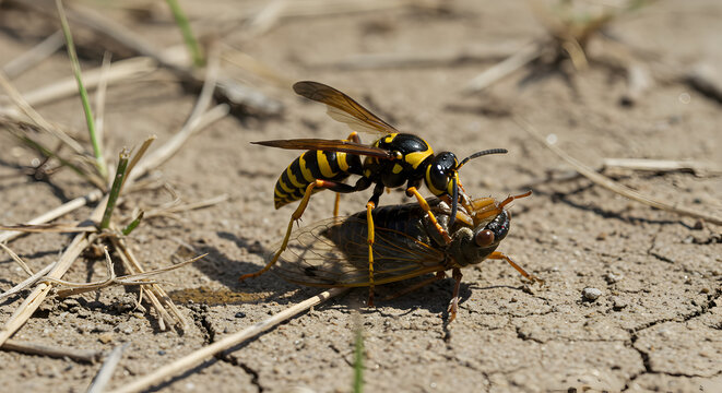 Cicada Killer Wasp Predation Event Nature's Power Dynamic Close Up