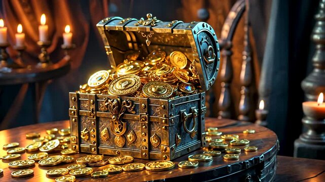 Antique treasure chest open with gold coins and jewels on wooden table indoors