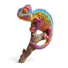 Obraz premium Vibrant Chameleon on Branch Colorful Reptile on Wooden Twig Isolated on White Background
