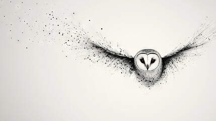   Black and white image of an owl flying through the air with numerous dots emanating from its wings