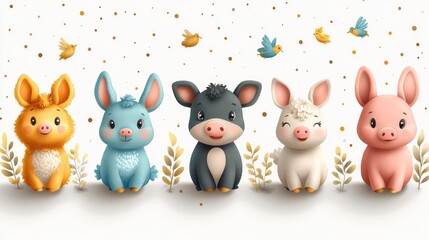 Fototapeta premium Five adorable cartoon piglets in various colors sitting amongst golden leaves and flying birds on white background.