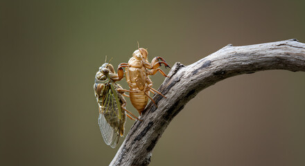 Cicada's metamorphosis, emergence from exuvia on a branch captured in close up