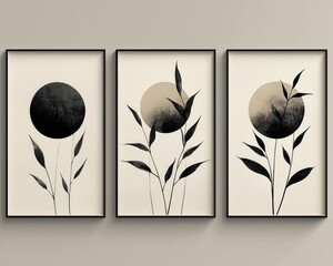 Abstract triptych featuring stylized black flora against a neutral backdrop
