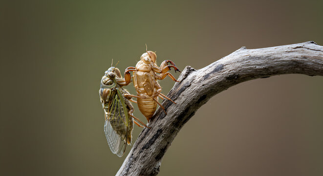 Cicada's metamorphosis, emergence from exuvia on a branch captured in close up