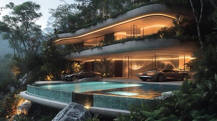 Fototapeta premium A luxurious houses and villas with swimming pool and some luxurious car with background some tree and beautiful background