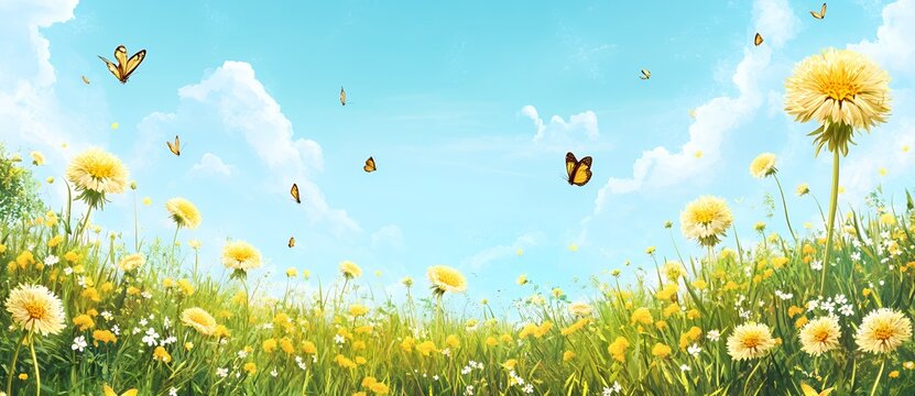 Fototapeta A vibrant scene of dandelions and butterflies under a clear blue sky.