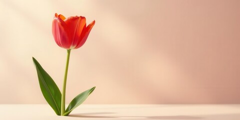 Fototapeta premium A single, vibrant red tulip stands tall against a soft, peach-colored backdrop, bathed in the gentle glow of sunlight.