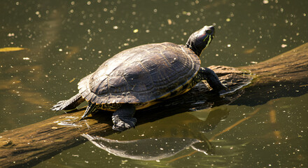 Fototapeta premium Red-eared slider enjoying the sun basking on a log in a pond nature scene