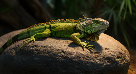Fototapeta premium Captivating iguana basking peacefully on sun-kissed rock terrain scene