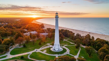 Lighthouse Sunset Coast Aerial View.