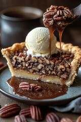 Scrumptious Pecan Pie with Vanilla Ice Cream and Caramel Sauce
