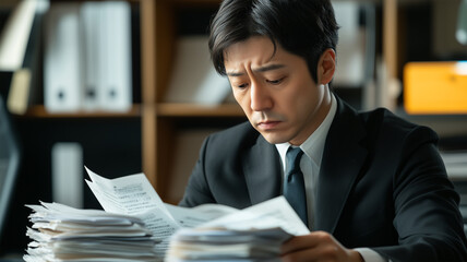 書類に集中する日本人男性と静かなビジネスシーン