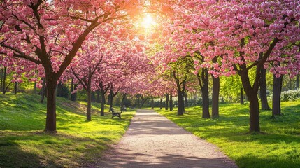 A beautiful city park showcasing cherry blossoms in full bloom, creating a serene and picturesque walkway under the pink canopy with sunlight filtering through