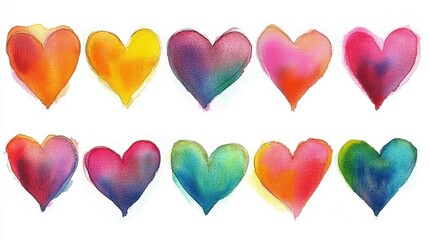 Fototapeta premium Multicolored watercolor hearts painting representing romantic emotions, scattered across pristine white paper with delicate artistic rendering