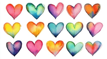 Fototapeta premium Watercolor hearts in vibrant hues forming playful pattern, symbolizing love and joy across greeting cards, wedding stationery, romantic design projects