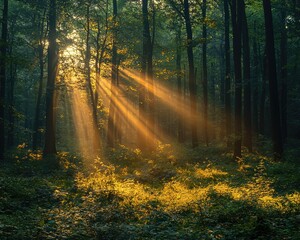 Fototapeta premium Sunlight Filtering Through Dense Forest Canopy, Illuminating the Ground Below