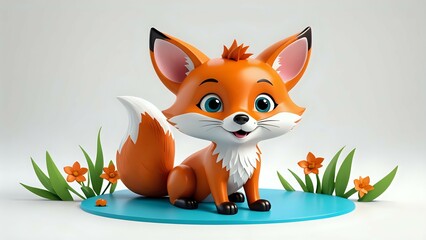 Adorable 3D render of a cartoon fox sitting amidst vibrant orange flowers and lush green grass on a teal platform.
