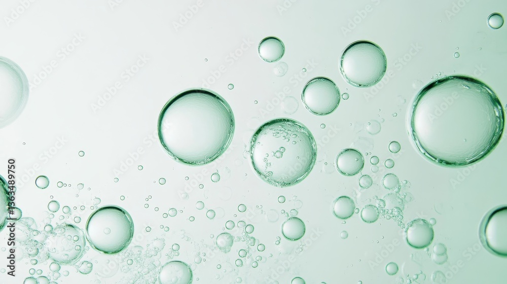 Poster vibrant emerald bubbles drifting across soft green surface, generating ethereal abstract pattern wit