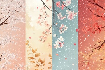 Four seasons showcased in a stunning vertical banner featuring winter snow, spring blooms, summer sun, and autumn leaves for captivating designs
