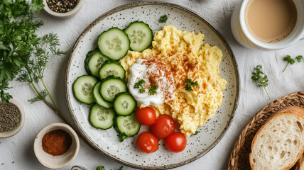 スクランブルエッグと彩り野菜の朝食プレート