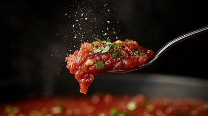   A spoonful of sauce is being lifted from a skillet with a sprinkle of parsley