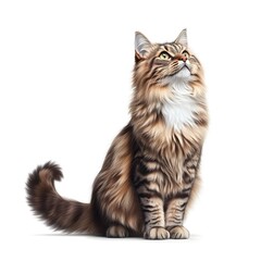 Adorable Longhair Tabby Cat Sitting and Looking Up Fluffy Pet Animal Portrait