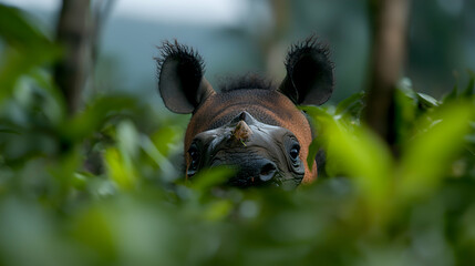 Obraz premium Close-Up Portrait of a Young Rhinoceros in Lush Green Tropical Foliage