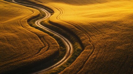 Naklejka premium Winding dirt road amidst golden wheat fields under warm sunlight landscapes