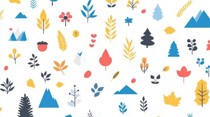 Nature pattern; mountains, leaves, flowers; white background; website design