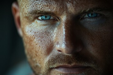 Obraz premium Close-up of a man's face showing stubble and striking blue eyes with a textured skin surface