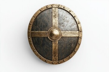 Naklejka premium Isolated Medieval Viking Shield with Metal Cross Design on White Backdrop