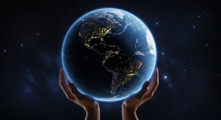 Human hands holding Earth globe against starry background