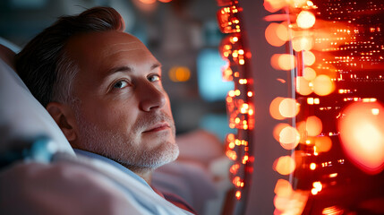 Obraz premium Closeup of a Contemplative Man Against a Red Circuit Board Background