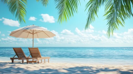 Fototapeta premium Two empty lounge chairs sit beneath a beach umbrella on a pristine sandy beach, inviting relaxation under the shade of palm trees with a breathtaking view of the turquoise ocean