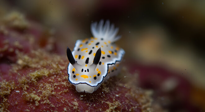 Elegant nudibranch with striking black, yellow, and white colorations