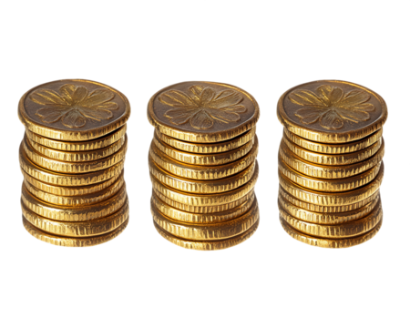 Three Stacks of Gold Coins on Transparent Background, PNG