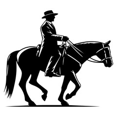 Black and white silhouette of a man on a horse. Vector graphics. EPS.