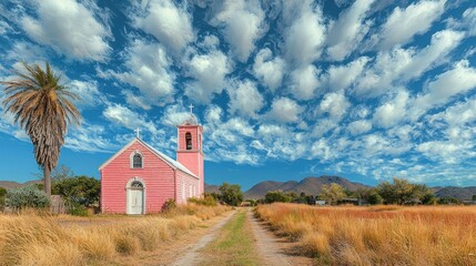 Fototapeta premium Pink Church under a Dramatic Sky in Rural Landscape