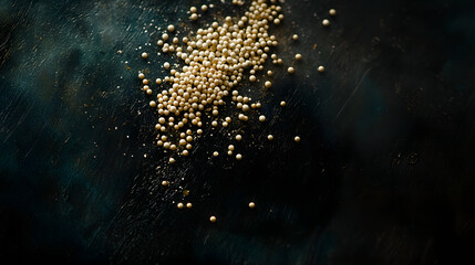 Obraz premium Amaranth seeds in soft cream tones scattered gracefully on a dark, matte background, creating a tranquil scene.