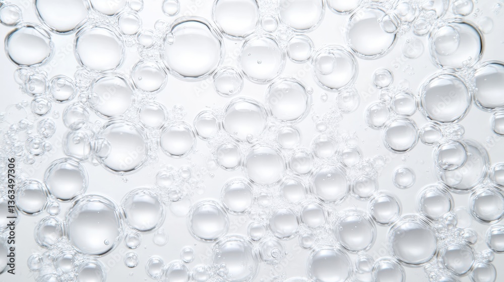 Poster transparent oxygen bubbles varying in size floating on water surface, forming abstract white backgro