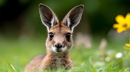 Fototapeta premium Closeup of a Young Kangaroo in Green Grass
