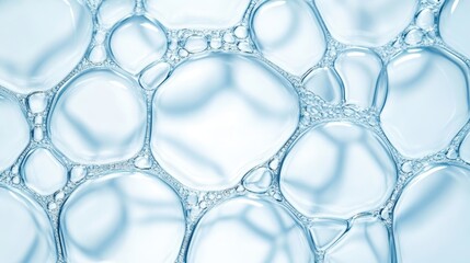 Translucent light blue soap bubbles forming delicate, interconnected cellular network, generating ethereal abstract background with pristine, refreshing visual texture