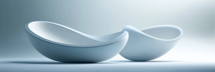 Floating abstract shapes showcase minimal futuristic design with soft lighting and depth perspective in a serene setting