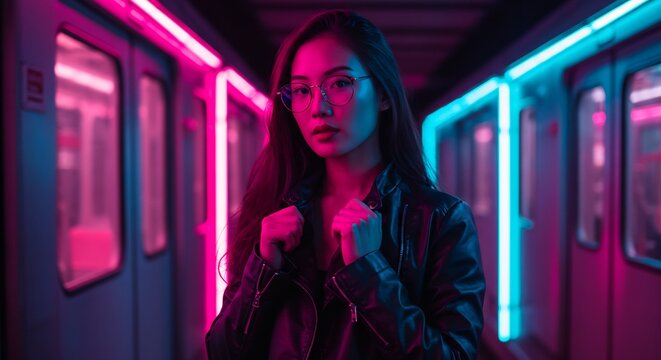 Stylish Asian Woman in Neon-Lit Subway Station, Wearing Glasses and Leather Jacket, Cyberpunk Fashion, Urban Night Photography - Powered by Adobe