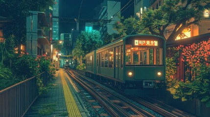 Fototapeta premium Night Train Arrives, Lush Alleyway, Urban Japan