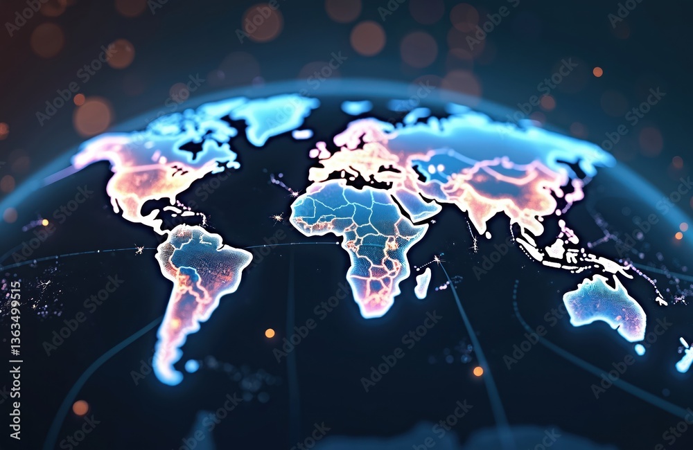 Poster Digital representation of worldwide connections. Illuminated cities across continents with vibrant data pathways showcase global interconnectivity at night. Modern tech visualization, high-tech